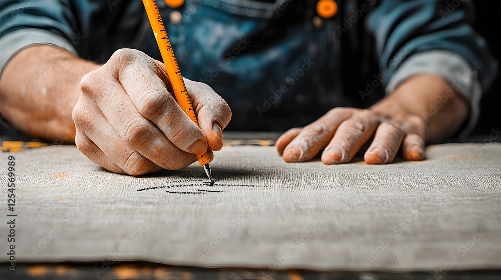 Poster Close up of a tailor s hands using chalk to measure and mark fabric on a workbench preparing for sewing or pattern cutting in a studio or workshop setting