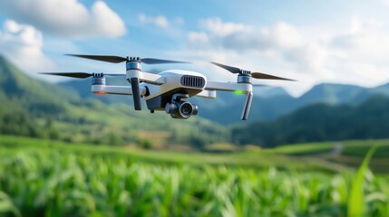 Solar Powered Drones Soaring Over Lush Green Countryside Landscape with Mountains and Clouds in the Background  Eco Friendly Aerial Technology for Environmental Monitoring and Precision Agriculture