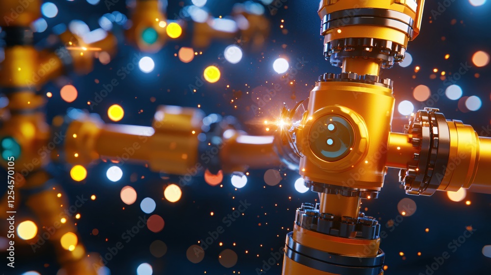 Poster futuristic yellow metal structure with glowing lights and bokeh effect for industrial design