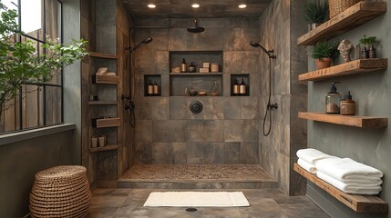 Spacious walk in shower featuring mocha mousse walls brass shower fixtures and wooden shelving