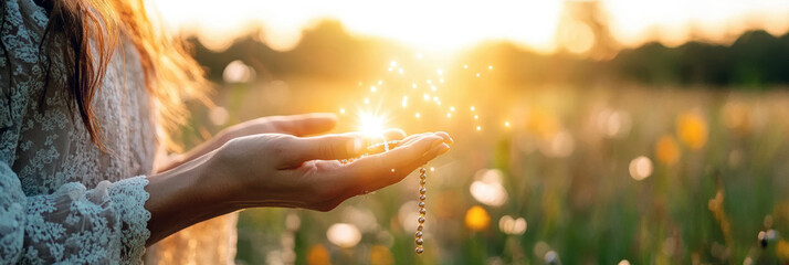 A woman's hands holding a rosary with a cross. AI generative.