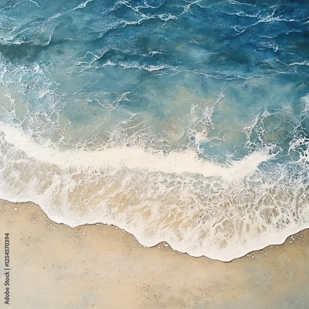 Poster aerial view of ocean waves washing onto sandy beach creating a serene and calming seascape