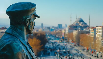 Statue of atat?rk overlooks cityscape with mosque and buildings