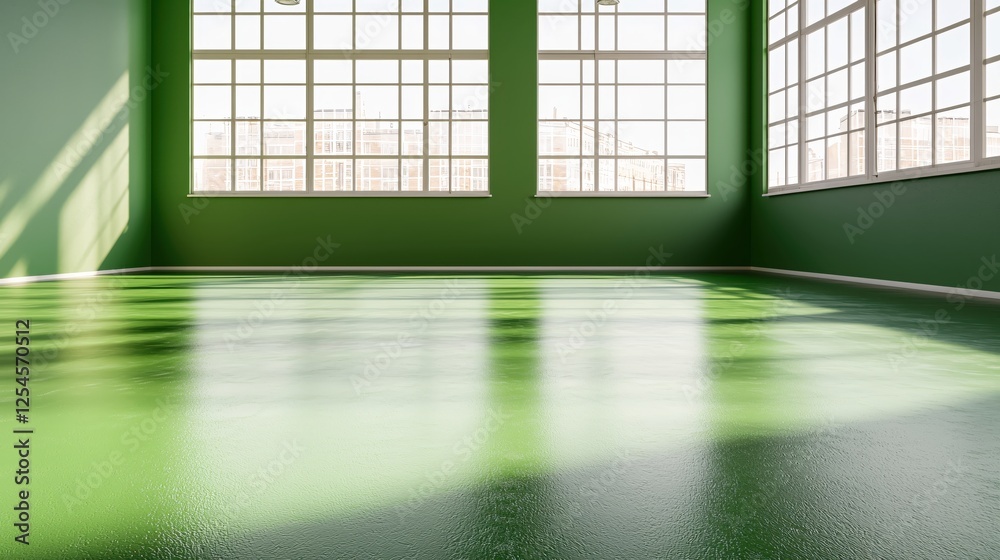 Poster bright green empty room with large windows and sunlight streaming in modern minimalist style