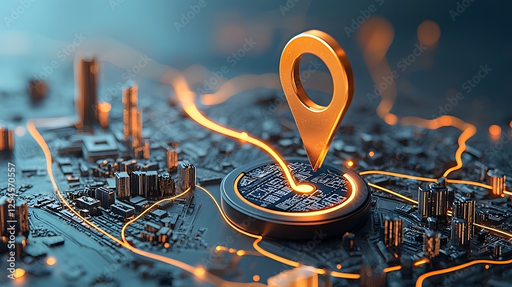 Poster Close up view of a modern GPS navigation device displaying a detailed city map with a highlighted route showcasing the advanced technology and digital interface for urban and travel planning