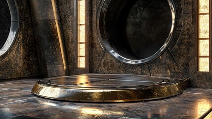 Futuristic platform with metallic textures and circular windows in a modern interior design