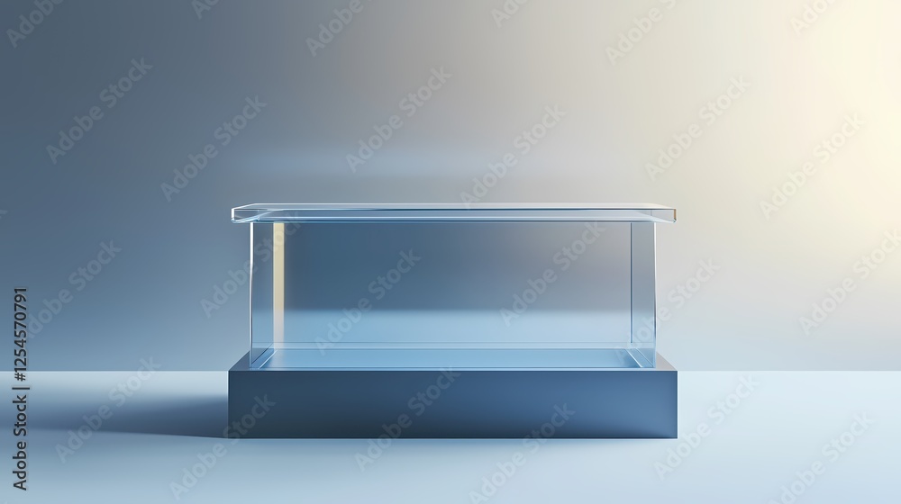 Poster minimalist glass display case on gray base with soft lighting for product showcase and exhibition