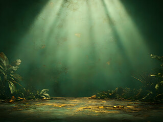 Mystic Green Background Illustration: Lush Foliage and Sunbeams