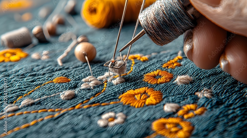 Aufkleber close up view of a seamstress s hands meticulously hand stitching intricate embroidery patterns with