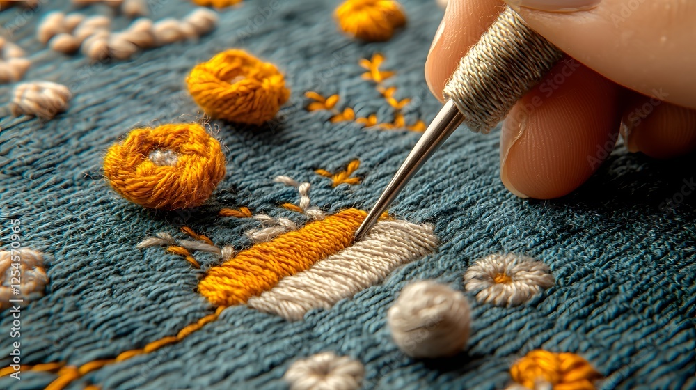 Poster close up view of a skilled seamstress hand stitching intricate floral and ornamental embroidery patt