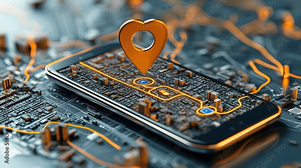 Poster close up view of a sleek modern digital gps device displaying a detailed city map with a highlighted