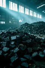 Naklejka premium Coal pile inside factory hall with sunlight as material for energy, use industry