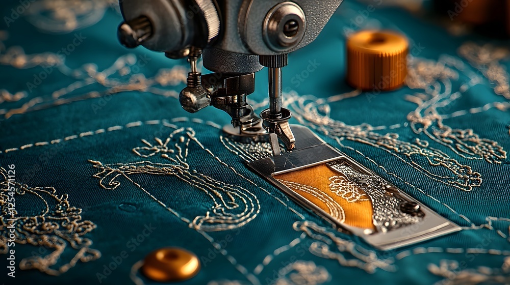 Poster close up view of a vintage sewing machine stitching intricate designs into a delicate lace fabric th