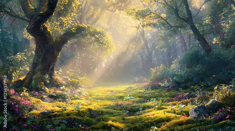 Aufkleber enchanted forest path with sunlight streaming through trees and mossy ground in a dreamy scene