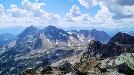 Breathtaking Vista of Jagged Mountain Peaks and Azure Sky with Fluffy Clouds on a Sunny Day