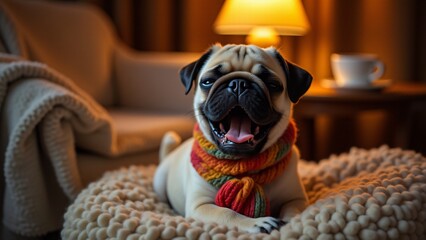 A sleepy Pug puppy yawns adorably, wrapped in a multicolored scarf while resting on a soft cushion. Warm lamplight and cozy surroundings enhance the peaceful moment.