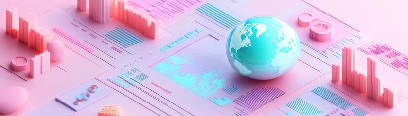 A colorful digital representation featuring currency notes, a globe, and rising bar graphs, symbolizing finance and global economy.