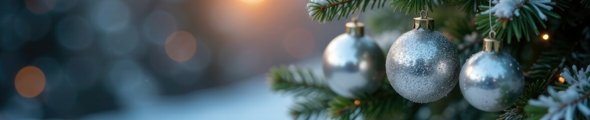 Glittering silver ornaments hanging from a tree, decorations, metallic, winter