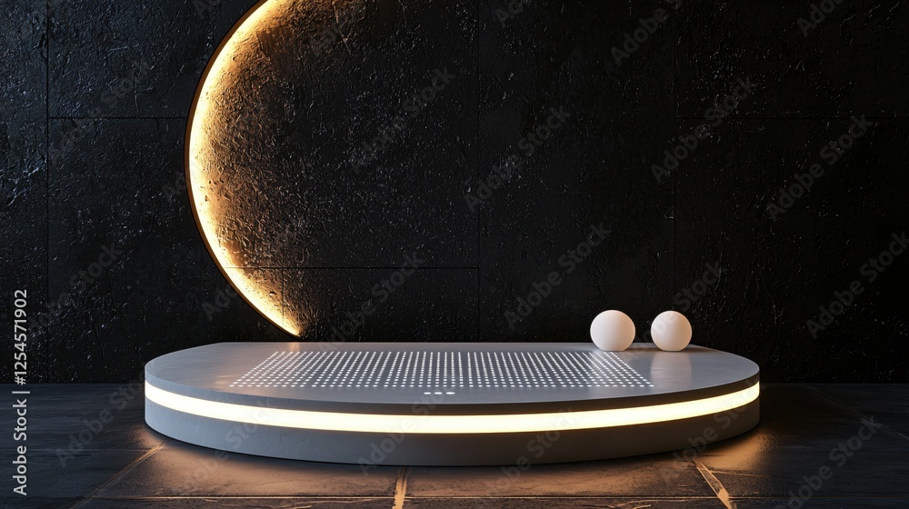 Poster Elegant illuminated platform with dark textured wall and glowing moon for product display
