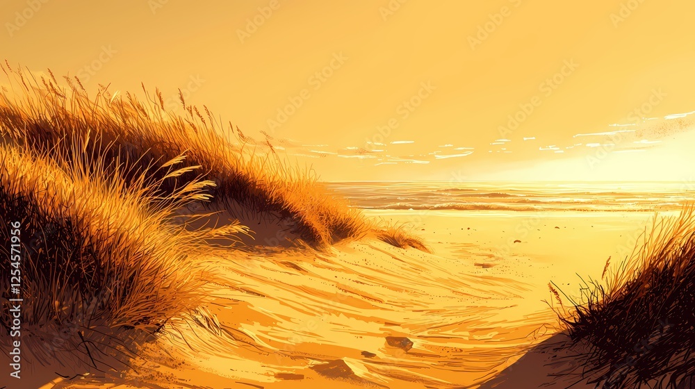 Poster golden hour on a serene beach with dune grass under a warm sky creating a peaceful scene