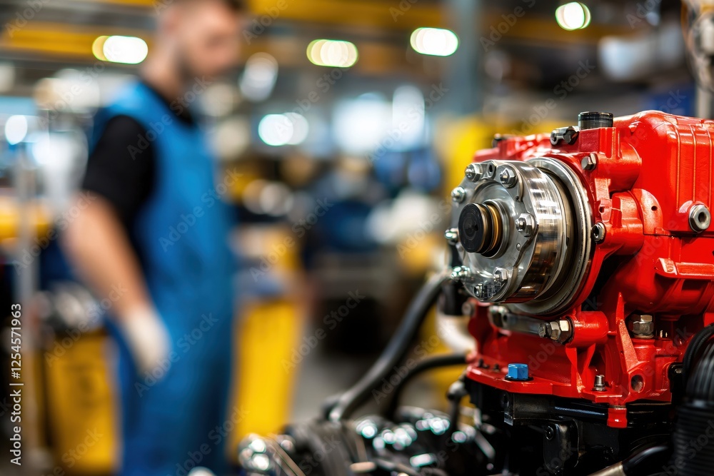 Fototapete red engine component with chrome accents and blurred factory worker in the background setting