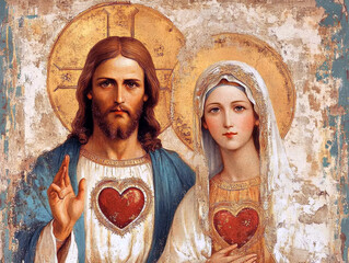 Jesus and Mary with sacred hearts on their chests. AI generative. © Dar1930