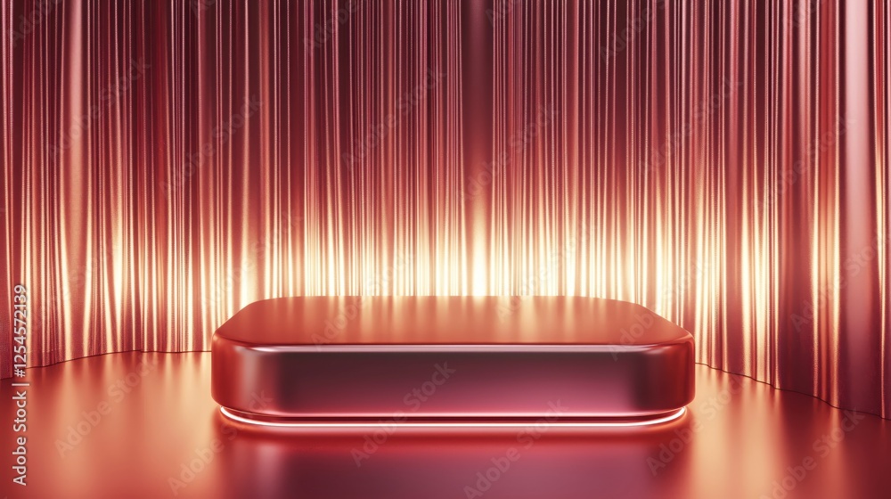 Poster Elegant Rose Gold Platform Display with Shimmering Curtains for Product Showcase and Presentation