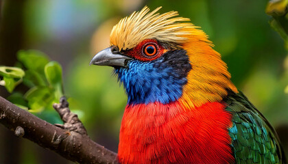 Graceful Exotic Bird with Radiant Feathers and Piercing Red Eyes