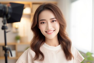 Woman happy beauty influencer headshot camera smile.