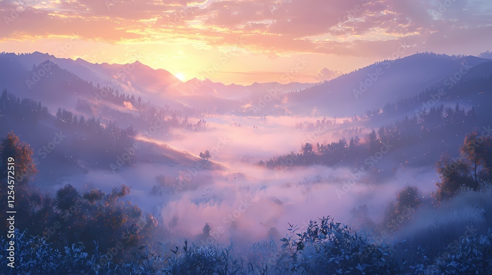 Poster ethereal mountain landscape at sunrise with fog and trees creating a serene and peaceful scene