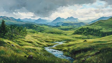 Serene valley landscape painting with flowing river green hills and distant mountains view