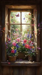 Fototapeta premium Vibrant flower window display with colorful blooms and butterflies in a sunlit garden