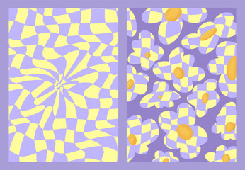 Checkerboard, chessboard, daisy flowers groovy retro 70s style vector backgrounds.