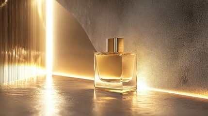 Elegant golden perfume bottle on reflective surface with bright light and luxurious ambiance