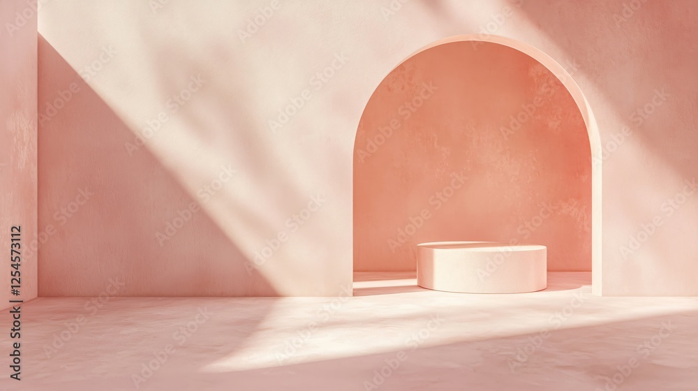 Poster minimalist pink studio with arch and podium for product display serene light and shadow