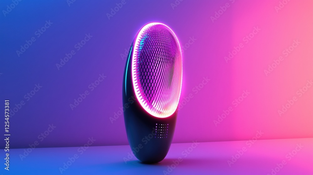Poster futuristic glowing device radiating neon light on a vibrant gradient background creating a modern am
