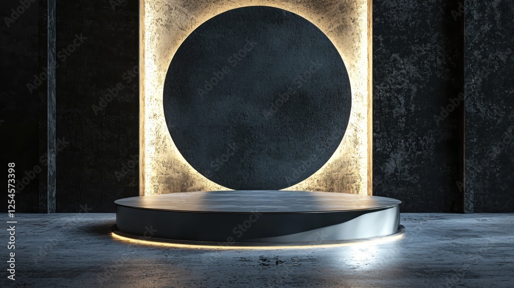 Poster modern dark stage with glowing circle and platform for product showcase presentation