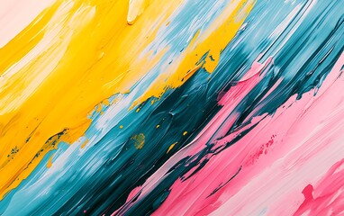 Abstract background with vibrant brushstroke patterns in yellow, pink, and turquoise, creating an artistic splash effect that evokes energy and creativity