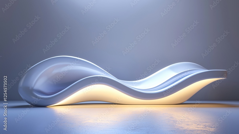 Poster Modern White Wave Sculpture with Soft Yellow Light on a Reflective Surface in a Studio