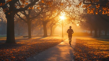 Fototapeta premium A lone runner enjoys a morning run during the golden hour, their silhouette framed by the warm glow of the sunrise, amidst vibrant autumn leaves and a misty park. Golden Hour person jogging in a park