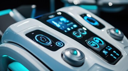 Fototapeta premium Futuristic Technology: Close-up of a Sleek, White Control Panel with Illuminated Buttons and Screens