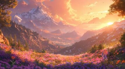 Vibrant alpine meadow at sunset with majestic mountains and colorful wildflowers bloom
