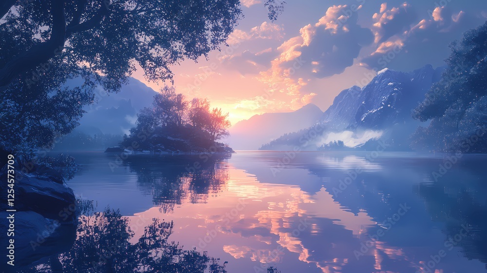 Poster serene lake reflection at sunset with mountains and trees in a peaceful landscape view