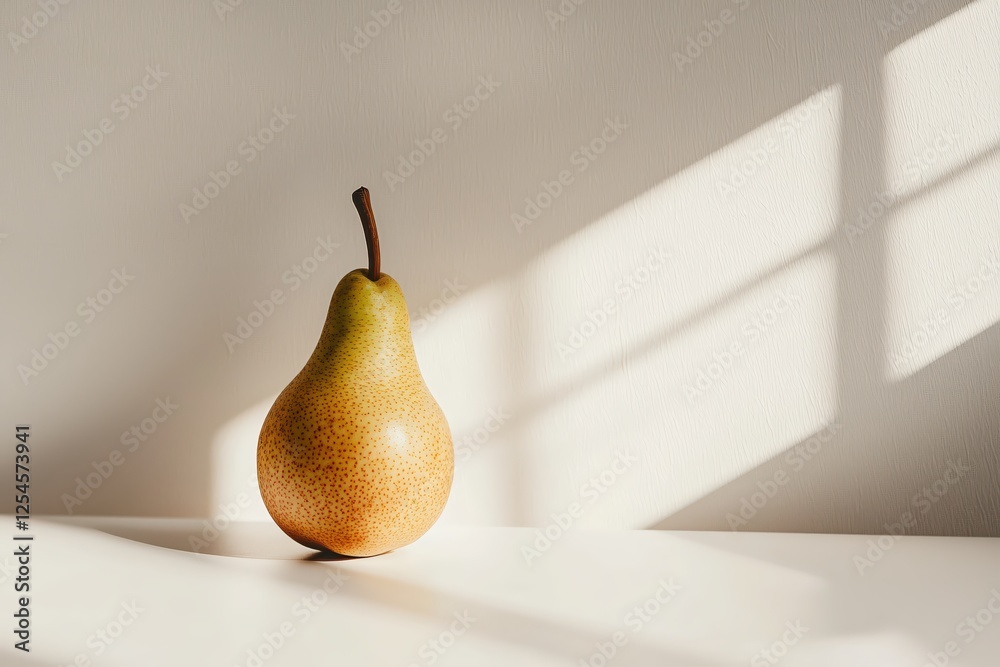 Poster elegant pear still life with natural window light casting shadows on a neutral background