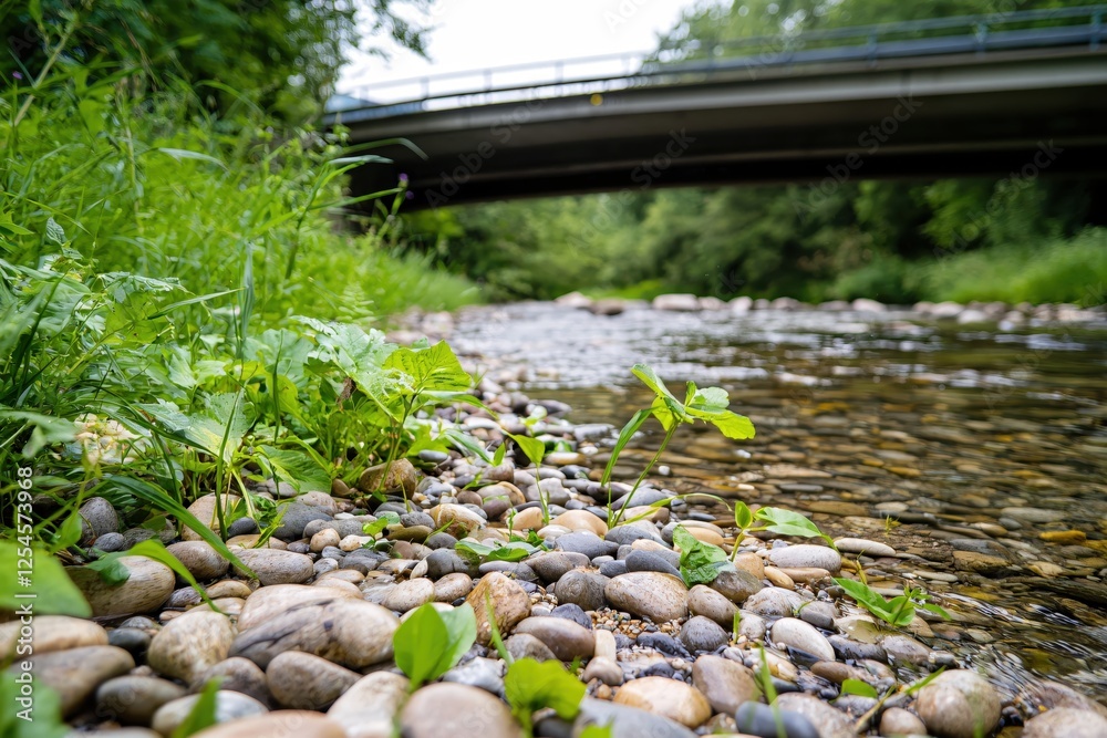 Poster serene river flowing under bridge with lush greenery and smooth stones on the shoreline view