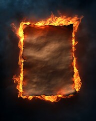 A piece of parchment slowly burning from the edges, with bright orange flames contrasting against darkened, charred areas