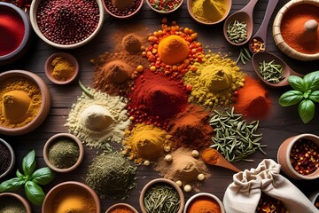Pepper powder, herbal spice seasoning in food market. Colorful pepper powder and other herbal spice seasoning in food market.