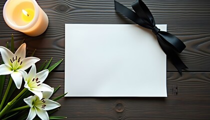 An Elegant Blank Card Adorned with a Beautiful Black Ribbon and Delicate White Flowers