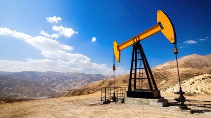 Oil Pump Jack Against Blue Sky and Mountain Range in a Desert Landscape Under Bright Sunlight