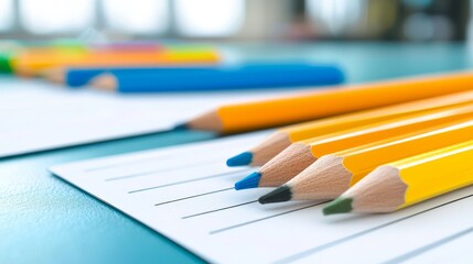 Closeup of pencils and paper on table, ready for writing drawing